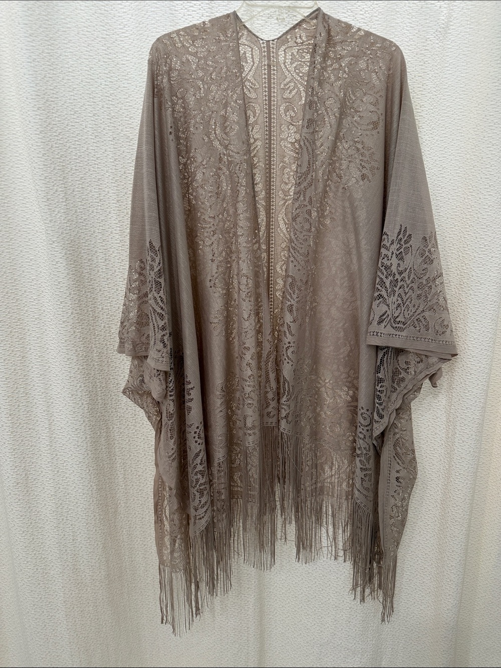 Women's Taupe Lace Fringe Kimono